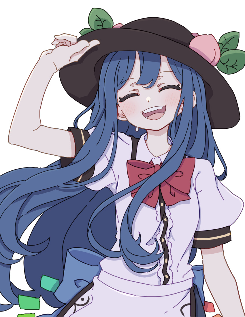 1girl absurdres black_headwear blue_hair blue_skirt blush buttons center_frills closed_eyes collared_shirt facing_viewer frills hat highres hinanawi_tenshi kame_(kamepan44231) long_hair one-hour_drawing_challenge open_mouth puffy_short_sleeves puffy_sleeves rainbow_order shirt short_sleeves simple_background skirt smile solo touhou upper_body white_background white_shirt