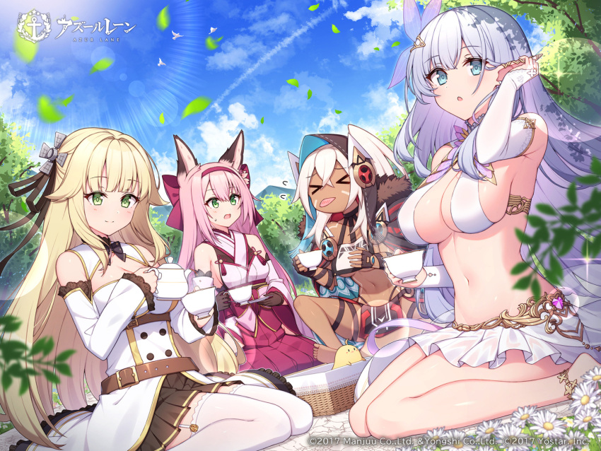 &gt;_&lt; 4girls albion_(azur_lane) animal_ear_fluff animal_ears aurora_(azur_lane) azur_lane black_skirt blonde_hair blue_eyes blue_hair blue_sky bodypaint breast_curtain breasts brown_gloves brown_hood cape cleavage_cutout clothing_cutout copyright_name cup dark-skinned_female dark_skin day elbow_gloves elf flower fox_ears fox_girl fur-trimmed_cape fur_trim garter_straps gloves gold_trim green_eyes hair_between_eyes hair_flower hair_ornament hair_ribbon hairband hanazuki_(azur_lane) high_ponytail hip_vent holding holding_cup holding_teapot japanese_clothes kimono large_breasts leather_belt loincloth long_hair looking_at_viewer medium_breasts miniskirt minneapolis_(azur_lane) multiple_girls native_american official_art open_mouth outdoors picnic picnic_basket pink_hair pink_hairband pink_tail pleated_skirt pointy_ears revealing_clothes ribbon second-party_source skirt sky sleeveless sleeveless_kimono small_breasts t@ke-g teapot thighhighs underboob very_long_hair white_bridal_gauntlets white_garter_straps white_hair white_kimono white_skirt white_thighhighs zettai_ryouiki