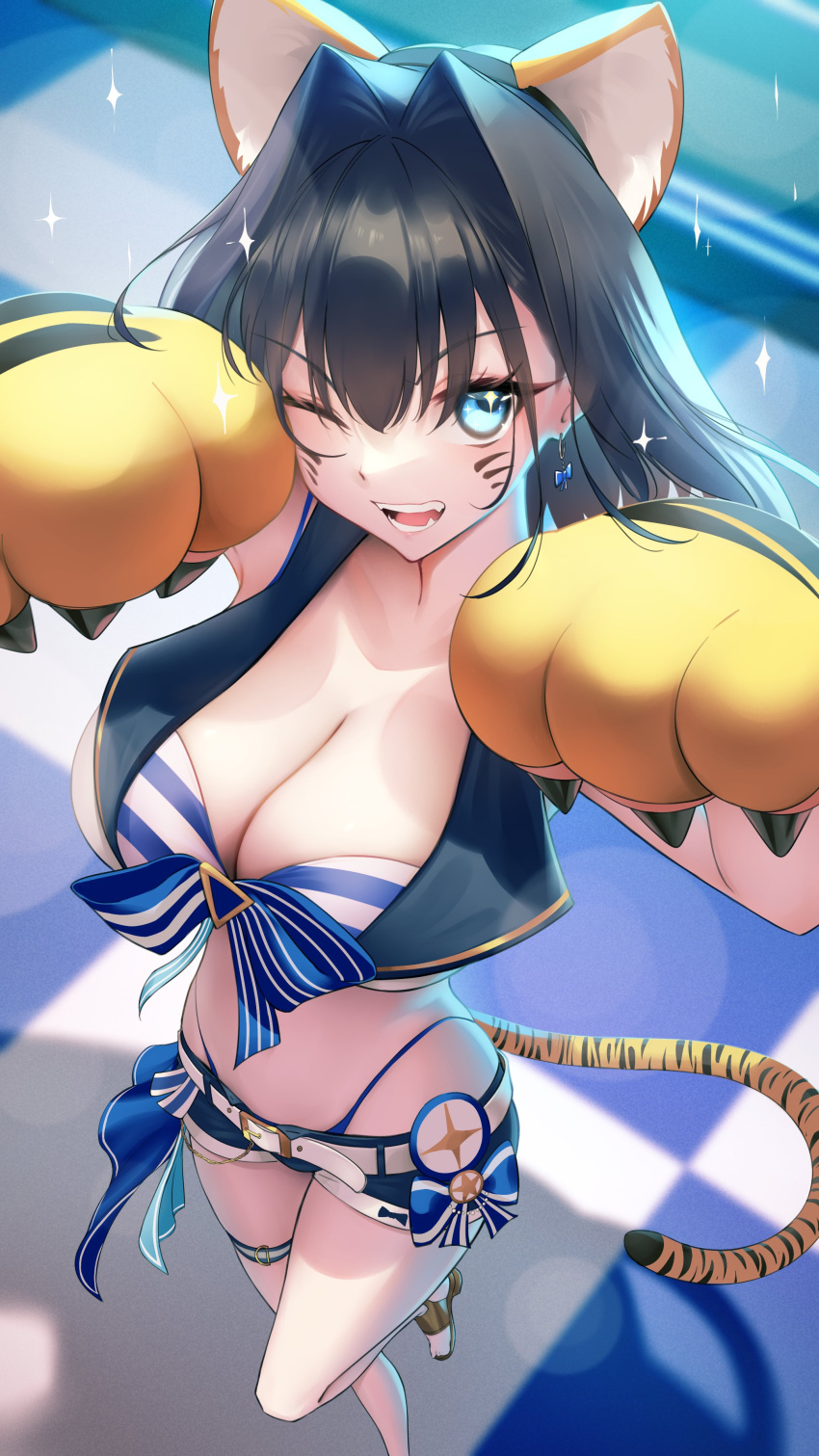 1girl ;d absurdres animal_ears animal_hands belt bikini black_hair blue_bikini blue_eyes blue_hair blue_shorts blurry blurry_background breasts cleavage cropped_vest drawn_whiskers drop_earrings earrings english_commentary fake_animal_ears fake_tail fang from_above gloves hair_intakes highleg highleg_bikini highres hololive hololive_english jewelry large_breasts one_eye_closed ouro_kronii panties paw_gloves short_shorts shorts smile solo somebody_(leiking00) sparkle standing standing_on_one_leg swimsuit tail tiger_ears tiger_paws tiger_tail two-tone_bikini underwear vest virtual_youtuber white_belt white_bikini