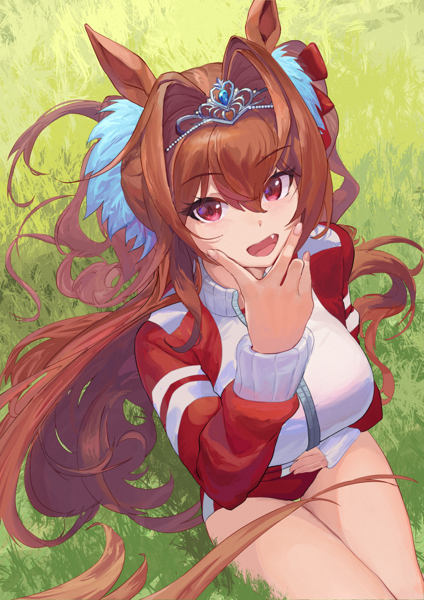 1girl animal_ears black_hair breasts brown_hair buruma daiwa_scarlet_(umamusume) fang feet_out_of_frame grass hair_intakes hand_up highres horse_ears jacket large_breasts long_hair long_sleeves looking_at_viewer occa-key open_mouth outdoors red_eyes red_jacket sitting solo tiara track_jacket umamusume v_over_mouth