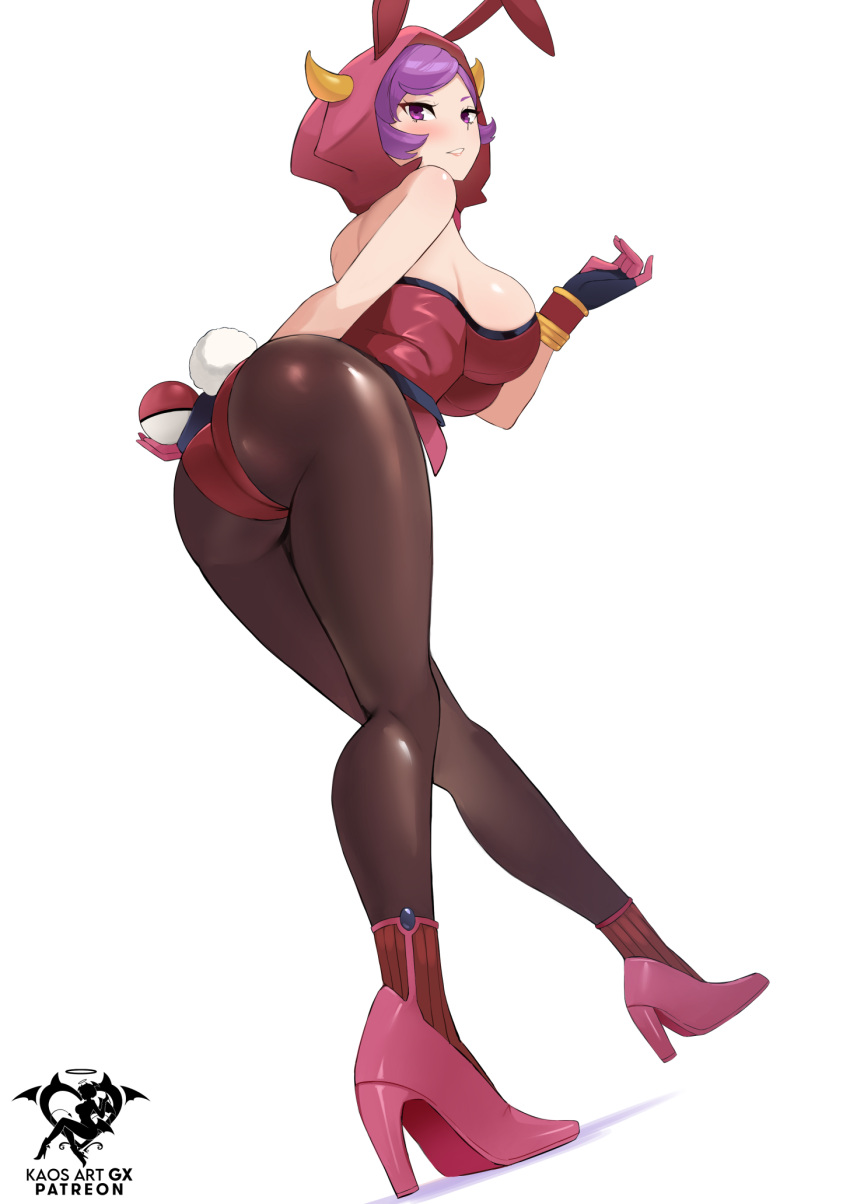 1girl adapted_costume alternate_breast_size animal_ears bent_over blush breasts brown_pantyhose commentary courtney_(pokemon) fake_animal_ears full_body gloves high_heels highres holding holding_poke_ball hood hood_up kaos_art leotard looking_back pantyhose pink_footwear poke_ball poke_ball_(basic) pokemon pokemon_(game) pokemon_oras purple_eyes purple_hair rabbit_ears rabbit_tail red_leotard ribbed_socks shiny_skin short_hair simple_background solo tail watermark white_background