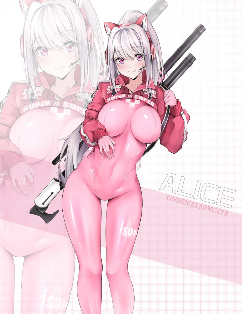 1girl absurdres alice_(nikke) animal_ear_headphones animal_ears bodysuit breasts covered_navel fake_animal_ears gloves goddess_of_victory:_nikke gs_(onsen_syndicate) gun gun_on_back headphones headset highres impossible_bodysuit impossible_clothes jacket large_breasts latex latex_bodysuit long_hair looking_at_viewer multicolored_clothes multicolored_gloves pink_bodysuit pink_eyes pink_gloves pink_headphones ponytail red_jacket skin_tight smile solo two-tone_gloves weapon weapon_on_back