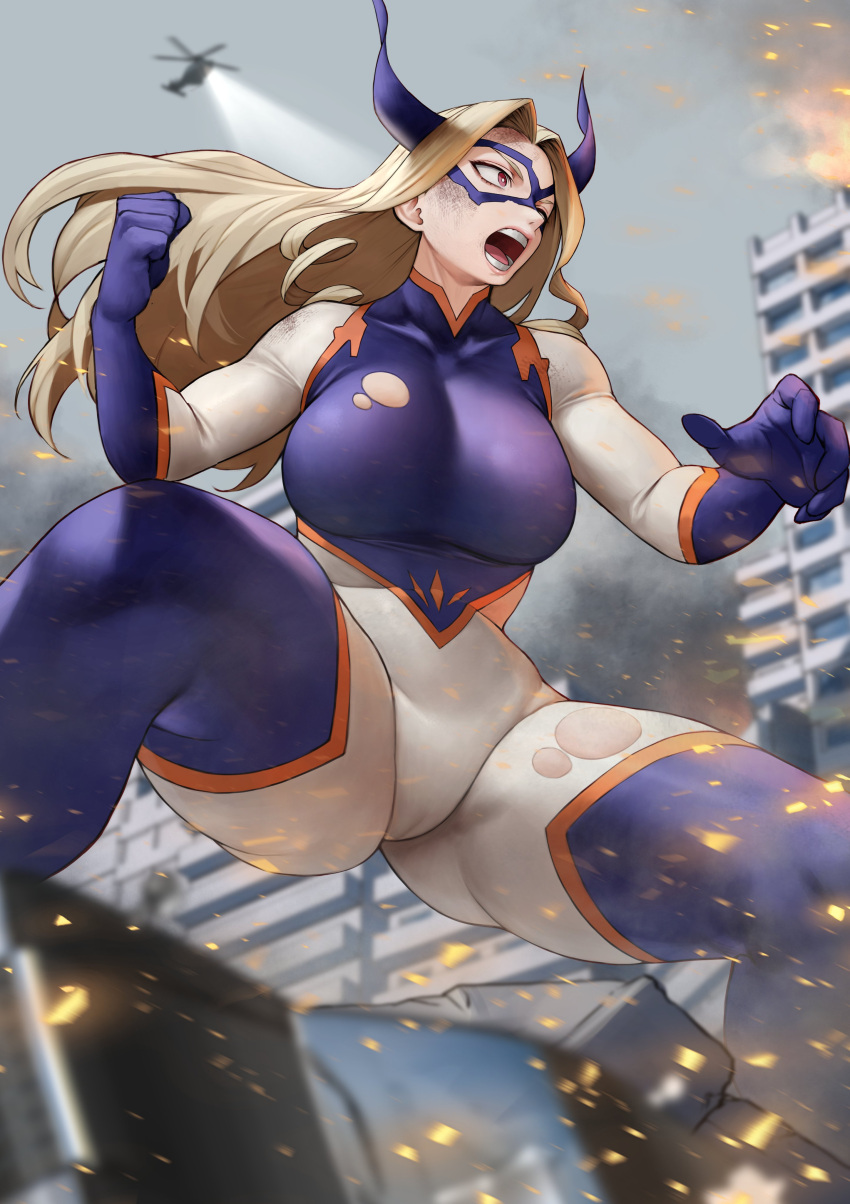 1girl absurdres aircraft blonde_hair blurry blurry_background bodysuit boku_no_hero_academia breasts brown_eyes building cameltoe clenched_hand dirty dirty_clothes dirty_face eye_mask fake_horns feet_out_of_frame giant giantess helicopter highres horns large_breasts long_hair mount_lady open_mouth outdoors skin_tight solo teeth thick_thighs thighs torn_bodysuit torn_clothes yoshio_(55level)