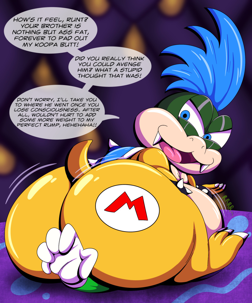 absurd_res after_vore anthro belly big_butt bullying butt butt_smother dialogue duo hi_res human koopa koopaling larry_koopa looking_back luigi male male/male mammal mario_bros nintendo scalie sitting_on_another smothering taunting tepigfan101 vore vore_tattoo
