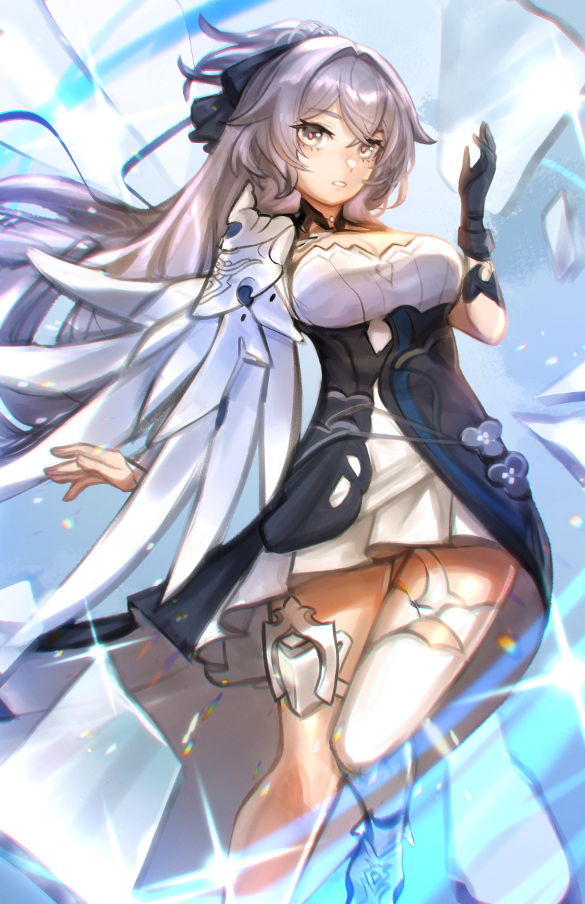 1girl absurdres black_gloves breasts bronya_zaychik bronya_zaychik_(silverwing:_n-ex) cleavage cleavage_cutout clothing_cutout dress english_commentary gloves grey_eyes grey_hair highres honkai_(series) honkai_impact_3rd large_breasts long_hair looking_at_viewer martypcsr open_mouth single_glove single_thighhigh solo thighhighs very_long_hair white_dress