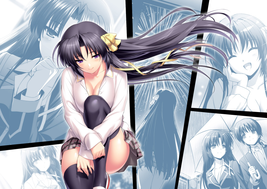 1girl :d ^_^ black_hair black_thighhighs blush bow breasts cleavage clenched_hand closed_eyes closed_mouth collarbone collared_shirt convenient_leg curvy eyelashes facing_viewer feet_out_of_frame fireworks floating_hair grey_skirt hair_between_eyes hair_bow hair_ribbon half-closed_eyes hand_up head_rest head_tilt highres hugging_own_legs knee_up kurugaya_yuiko large_breasts lips little_busters! little_busters!_school_uniform long_hair looking_down miniskirt multiple_persona non-web_source parted_bangs partially_unbuttoned plaid plaid_skirt pleated_skirt purple_eyes rain ribbon school_uniform shiny_skin shirt sidelocks skirt sleeves_past_wrists smile solo straight_hair thighhighs thighs under_umbrella very_long_hair white_footwear white_shirt yellow_bow yellow_ribbon zen_(kamuro) zettai_ryouiki