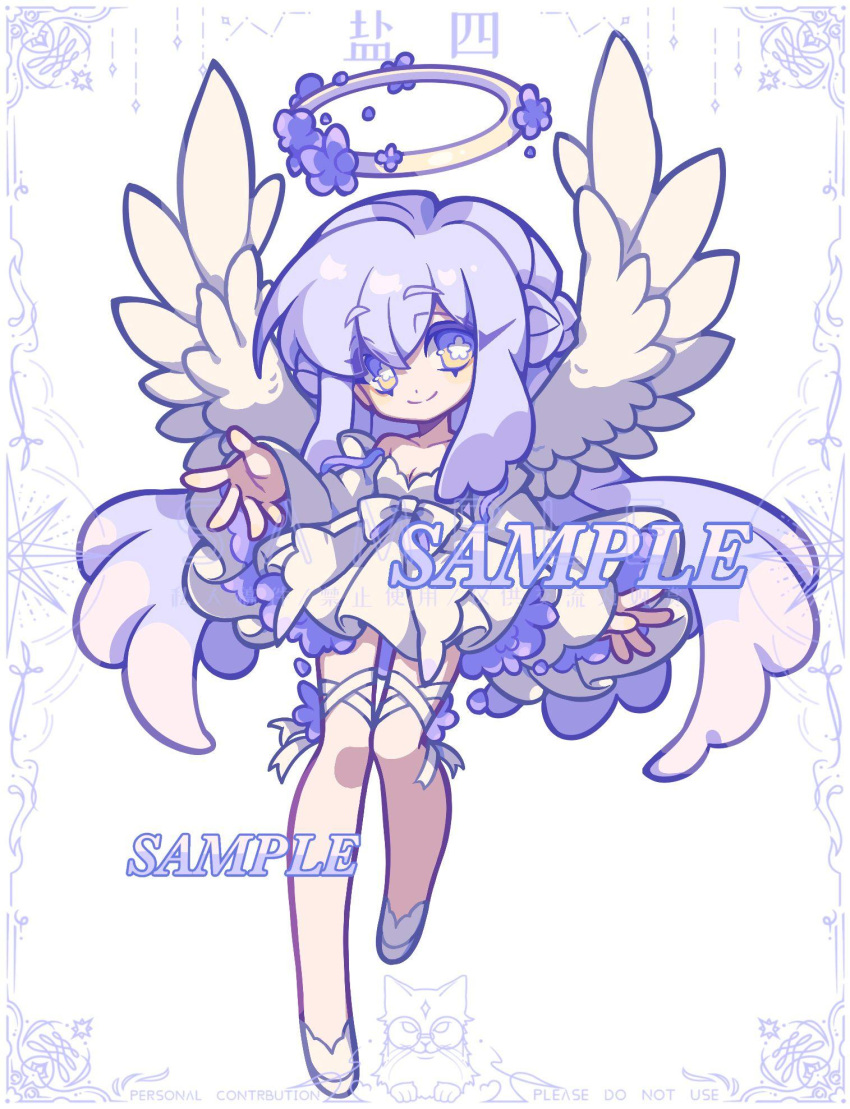 1girl angel_wings dress flower-shaped_pupils full_body halo highres leg_ribbon long_hair original outstretched_arm outstretched_hand purple_eyes purple_hair ribbon sample_watermark smile solo symbol-shaped_pupils thigh_ribbon very_long_hair white_background white_dress white_footwear white_ribbon white_wings wings xianyudian_laoban