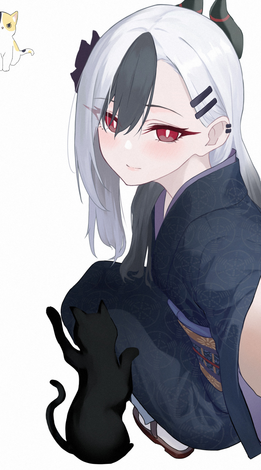 1girl asymmetrical_bangs black_cat black_hair black_kimono blue_archive blush bright_pupils cat curled_horns demon_horns ear_piercing hair_ornament hairpin highres horns japanese_clothes kayoko_(blue_archive) kimono light_smile looking_at_viewer multicolored_hair obi piercing sash selfie shou_xun_bu_liang squatting streaked_hair white_hair