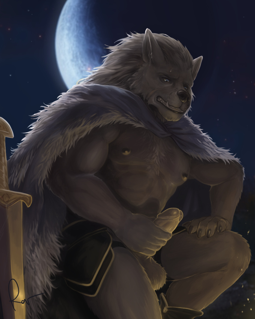 anthro balls blaidd_(elden_ring) canid canine canis cape clothing elden_ring erection fangs fromsoftware fur genitals hi_res looking_down male mammal masturbation melee_weapon moon muscular muscular_anthro muscular_male nipples outside penis rov solo sword teeth weapon wolf