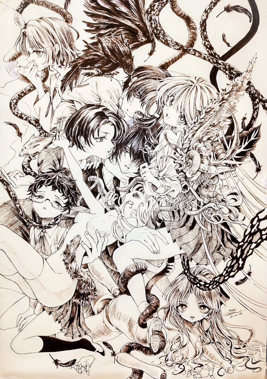 1boy 6+girls angel_wings aya_carmine bird body_horror breasts cigarette closed_eyes collared_shirt crow dismemberment doll_joints feathers fish flower_wings glasses greyscale hair_between_eyes hair_ornament hair_ribbon hairclip hand_on_another's_thigh highres hitomi_hirosuke_(sayonara_wo_oshiete) holding holding_cigarette joints leaf_wings long_hair looking_at_viewer medium_breasts meguro_miyuki millipen_(medium) mismatched_wings monochrome multiple_girls neck_ribbon necktie nude oomori_tonae open_mouth plant_wings pleated_skirt ribbon sayonara_wo_oshiete school_uniform shirt shoes short_hair simple_background skirt smile smoking snake socks sugamo_mutsuki takada_nozomi takashima_semina tamachi_mahiru tendril tentacles thighhighs traditional_media twintails ueno_koyori uwabaki very_long_hair vest wavy_hair wings