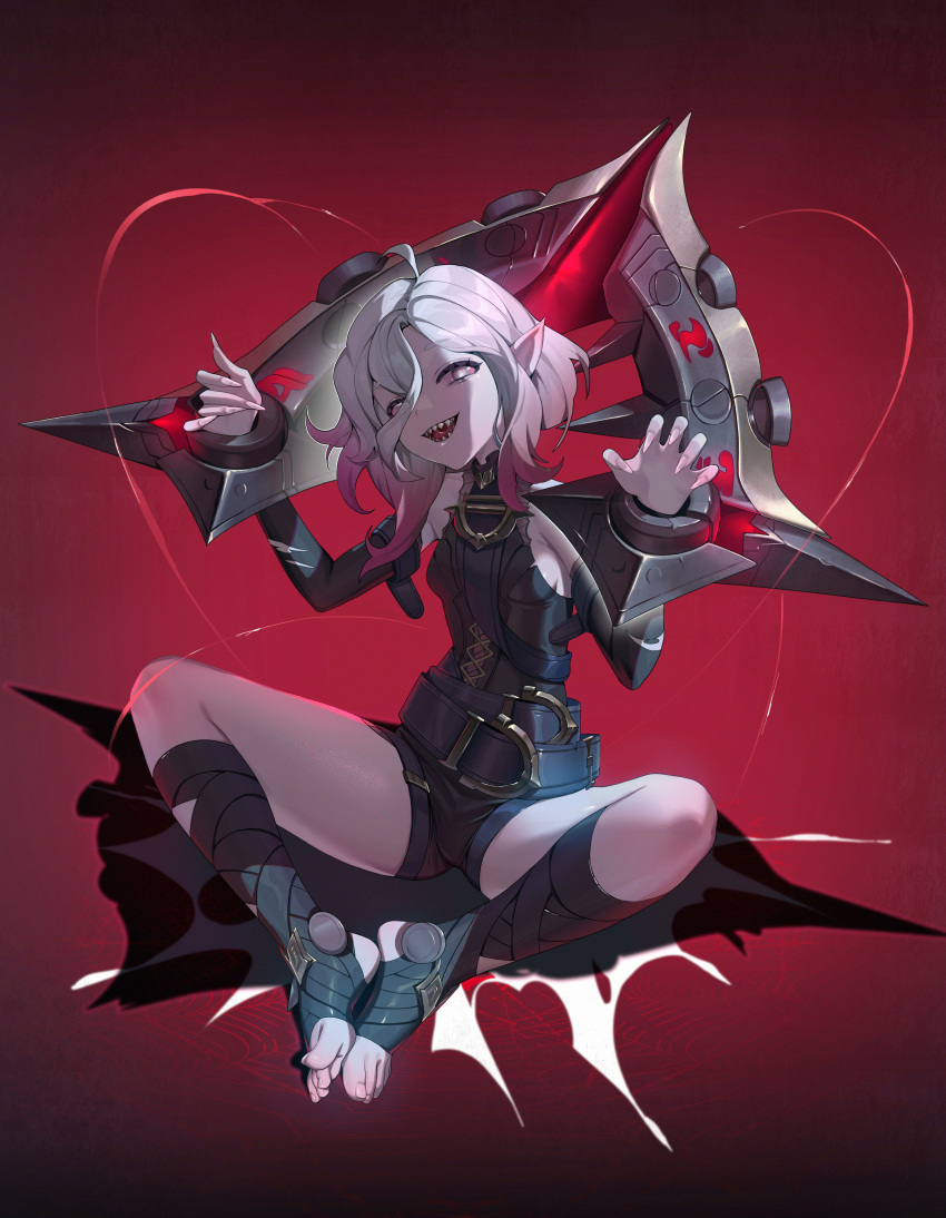 1girl absurdres ahoge belt black_belt breasts briar_(league_of_legends) colored_sclera detached_sleeves feet fingernails full_body gradient_background gradient_hair grey_hair hair_between_eyes highres knees league_of_legends legs long_hair looking_at_viewer medium_breasts multicolored_hair no_shoes open_mouth pale_skin pillory pink_hair pointy_ears red_background red_sclera shadow sharp_fingernails sharp_teeth sidelocks sitting smile soles solo spread_legs stirrup_legwear teeth toeless_legwear toenails toes tongue two-tone_hair vampire white_eyes wrist_cuffs zhoi_star
