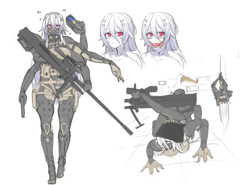 all_fours android belt colored_skin extra_arms fangs full_body ga-man gun handgun hanging_on highres long_hair mask monster_girl original pink_eyes reloading rifle scope simple_background sniper_rifle upside-down weapon white_background white_hair white_skin