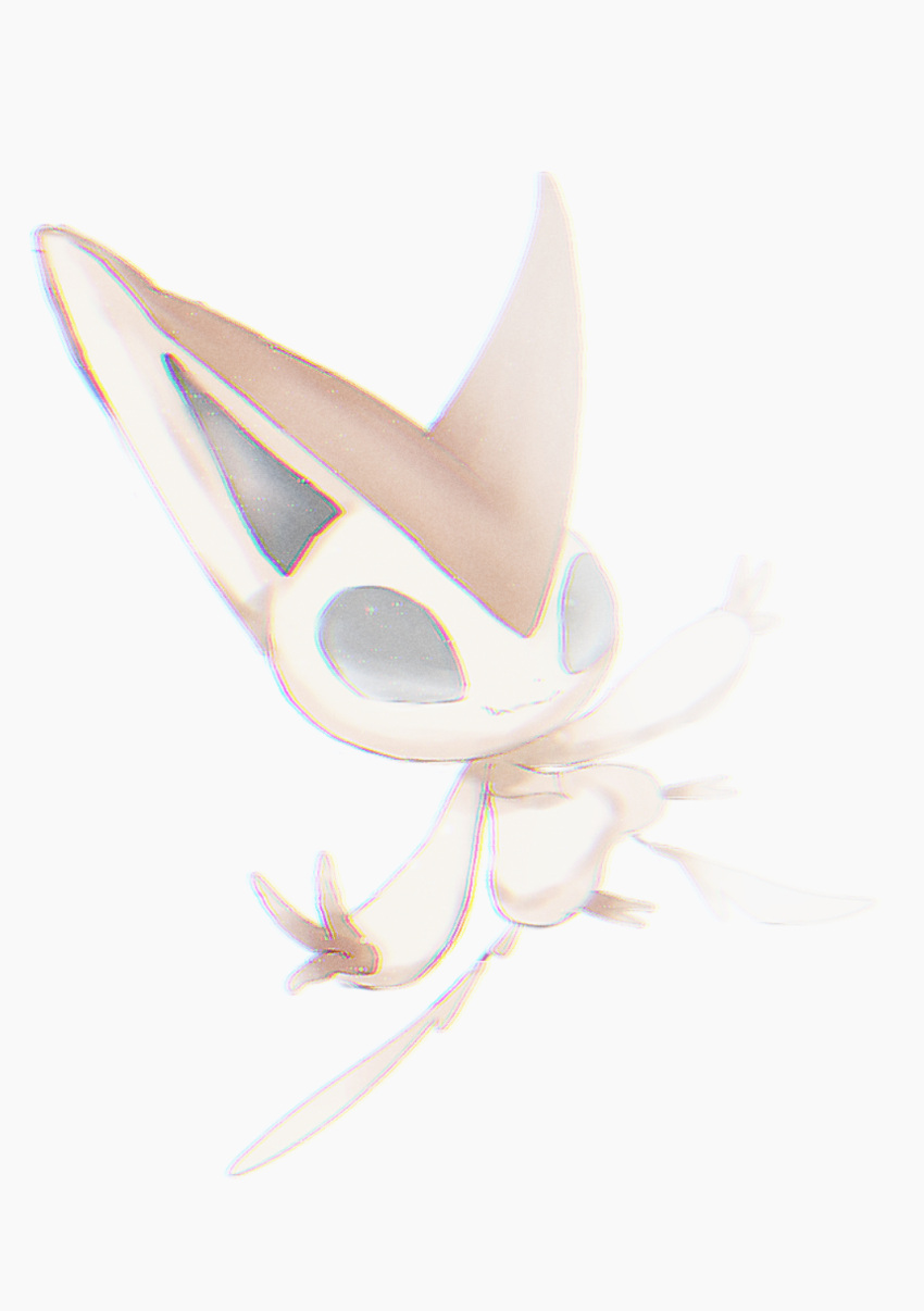 animal_focus blank_eyes blue_eyes chromatic_aberration closed_mouth commentary_request fang full_body grey_background happy highres looking_at_viewer muted_color no_humans pokemon pokemon_(creature) simple_background skin_fang smile solo tensaitou_tou victini