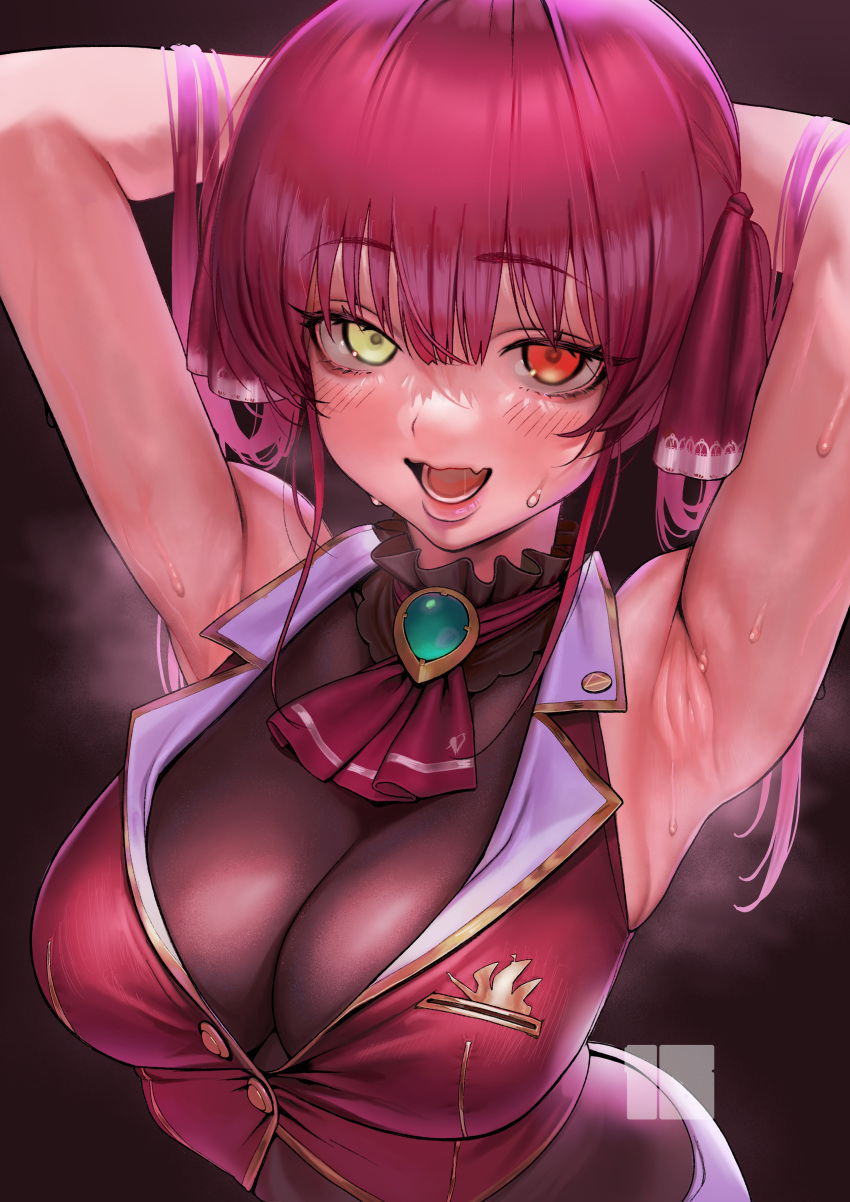 1girl absurdres armpits arms_behind_head arms_up ascot black_leotard blush breasts brooch cleavage fang heterochromia highres hololive houshou_marine houshou_marine_(1st_costume) jewelry large_breasts leotard leotard_under_clothes long_hair looking_at_viewer nanja open_mouth pink_hair red_ascot red_eyes skin_fang sleeveless sleeveless_jacket smile solo steaming_body sweat upper_body virtual_youtuber yellow_eyes