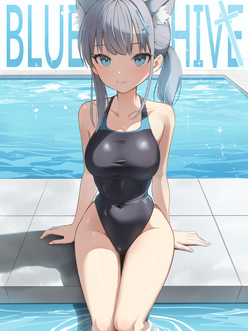 1girl absurdres animal_ear_fluff animal_ears bananafish1111 blue_archive blue_eyes breasts closed_mouth covered_navel cross_hair_ornament grey_hair hair_ornament highleg highleg_swimsuit highres medium_breasts official_alternate_costume one-piece_swimsuit pool shiroko_(blue_archive) shiroko_(swimsuit)_(blue_archive) side_ponytail sitting smile soaking_feet solo swimsuit thighs water wide_hips wolf_ears