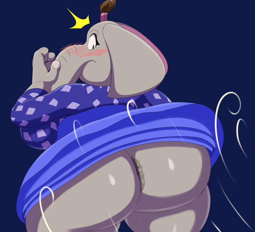 2023 4_fingers absurd_res anthro anus big_butt blush butt clothed clothing clothing_lift dress dress_lift elephant elephantid embarrassed female fingers hair hi_res huge_butt illumination_entertainment mammal mechspazer meena_(sing) proboscidean sing_(movie) solo standing suprised_look thick_thighs unintentional_presentation wide_eyed wind