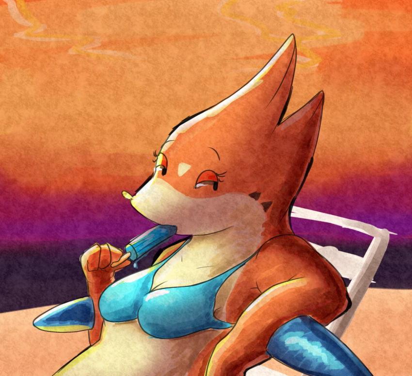 2020 anthro beach biped bra breasts chair clothed clothing eating female fingers floatzel food fur furniture generation_4_pokemon goopyarts gradient_background holding_object looking_away nintendo on_chair orange_body orange_fur outside pokemon pokemon_(species) popsicle seaside simple_background sitting sitting_on_chair solo underwear