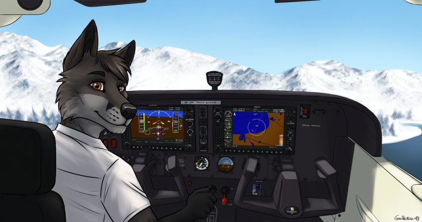 2023 aircraft airplane anthro brown_eyes canid canine captain's_chair clothing cockpit compass control_panel controls easter_egg_(meta) english_text flying fox fur gaikotsu gps grey_body grey_fur hud lake looking_at_viewer looking_back male mammal midair mountain pilot plant red_fox shirt signature silver_fox smile snow solo text topwear tree white_clothing white_shirt white_topwear