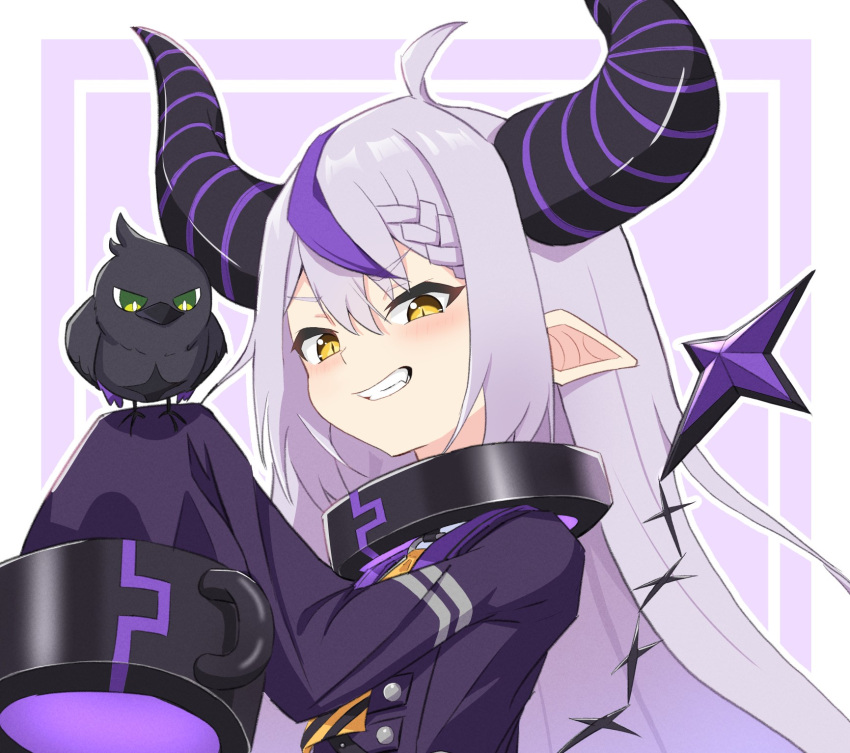 1girl bird bird_on_hand black_collar braid braided_bangs coat collar crow_(la+_darknesss) demon_horns grey_hair highres hololive horns la+_darknesss la+_darknesss_(1st_costume) long_hair looking_at_viewer multicolored_hair pointy_ears purple_coat purple_hair sleeves_past_fingers sleeves_past_wrists streaked_hair tail toriyoshi_(mmxn3582) virtual_youtuber yellow_eyes