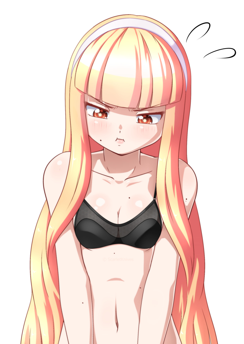 1girl absurdres black_bra blonde_hair blunt_bangs bra breast_conscious breasts breasts_squeezed_together cleavage commentary english_commentary hairband highres long_hair multiple_moles navel orange_eyes original pout scarletknives-x small_breasts solo underwear very_long_hair white_hairband