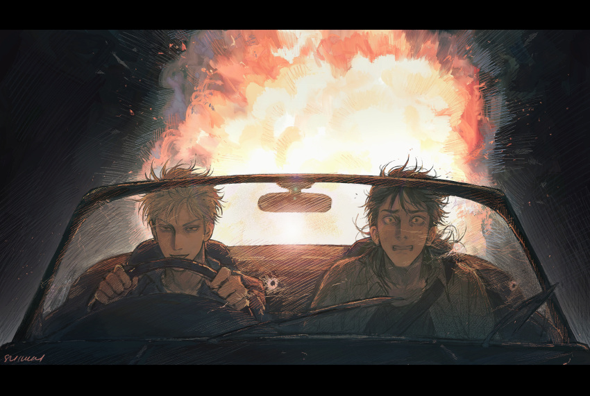 2boys akagi:_yami_ni_oritatta_tensai akagi_shigeru black_eyes black_hair bullet_hole car clenched_teeth commentary_request convertible driving explosion fire fukumoto_mahjong grey_shirt grin highres itou_kaiji kaiji letterboxed long_hair looking_at_viewer male_focus medium_bangs motor_vehicle multiple_boys open_clothes open_shirt right-hand_drive shiloh_815 shirt short_hair sitting smile teeth white_hair