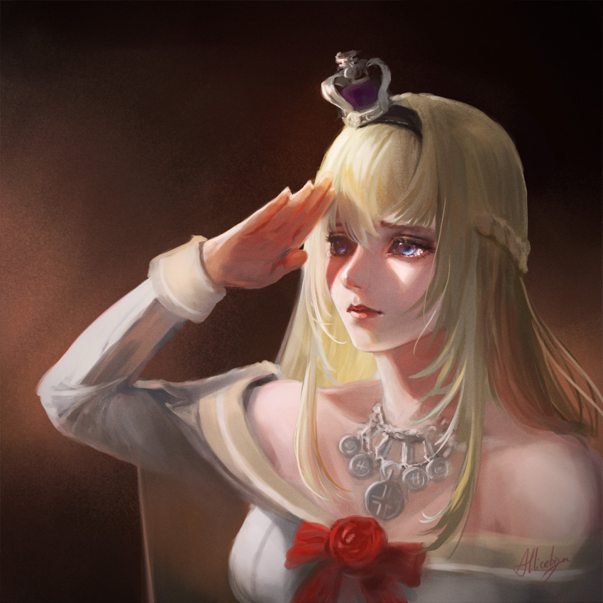 1girl arise_(allicenogalca) blonde_hair blue_eyes braid breasts brown_background closed_mouth crown dress flower french_braid hair_between_eyes highres jewelry kantai_collection long_hair long_sleeves medium_breasts mini_crown necklace off-shoulder_dress off_shoulder realistic red_flower red_rose rose salute signature solo tears upper_body warspite_(kancolle)