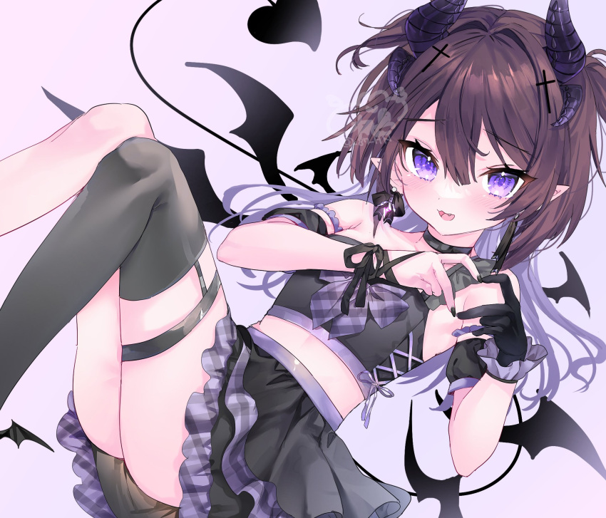 1girl black_gloves black_skirt black_thighhighs brown_hair commission cross_hair_ornament earrings fang gloves hair_ornament heart heart_hands highres horns indie_virtual_youtuber jewelry kabashima_hana long_hair mismatched_earrings pointy_ears purple_eyes purple_horns single_glove single_strap single_thighhigh skeb_commission skirt smile solo thighhighs virtual_youtuber wrist_cuffs yoasobi_raumu