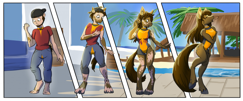 anthro breast_growth breasts brown_body brown_fur brown_hair clothed clothing colored comic equid equine facial_hair female fur gender_transformation growth hair hair_growth hi_res hooves horse house_background human long_hair male mammal medium_breasts mtf_transformation poolside reality_shift schmen solo species_transformation surprised_expression swimwear tail tail_growth transformation yellow_eyes