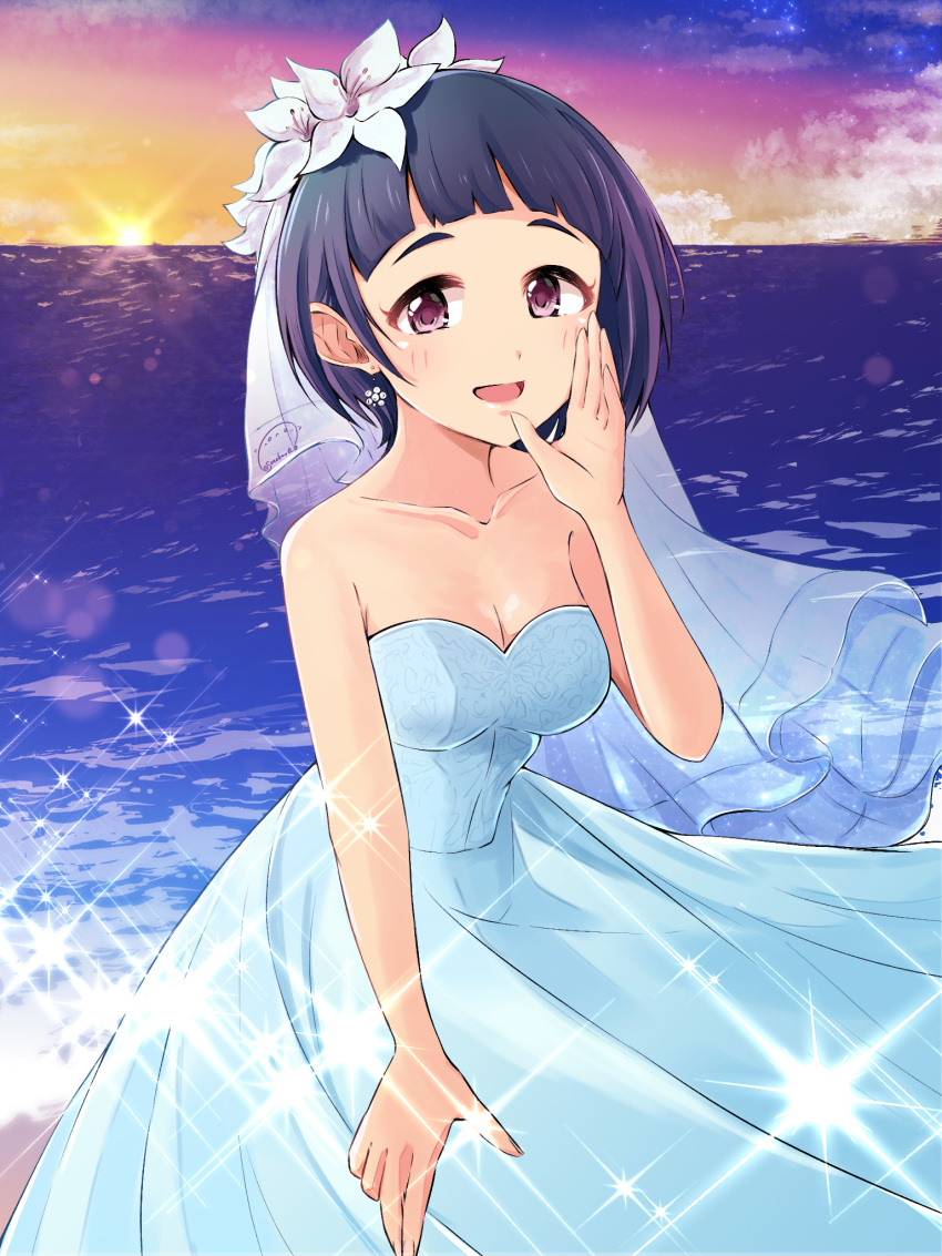 1girl :d black_hair blue_dress blush breasts cleavage dress earrings flower hair_flower hair_ornament hand_up highres idolmaster idolmaster_cinderella_girls jewelry looking_at_viewer medium_breasts ocean okazaki_yasuha outdoors smile solo sonakao standing sunrise twitter_username veil water