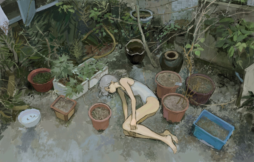 1girl bare_arms bare_legs barefoot bush closed_mouth commentary_request expressionless fetal_position full_body grey_hair grey_one-piece_swimsuit highres kgeroua lying medium_hair on_ground on_side one-piece_swimsuit original outdoors plant potted_plant solo swimsuit tree