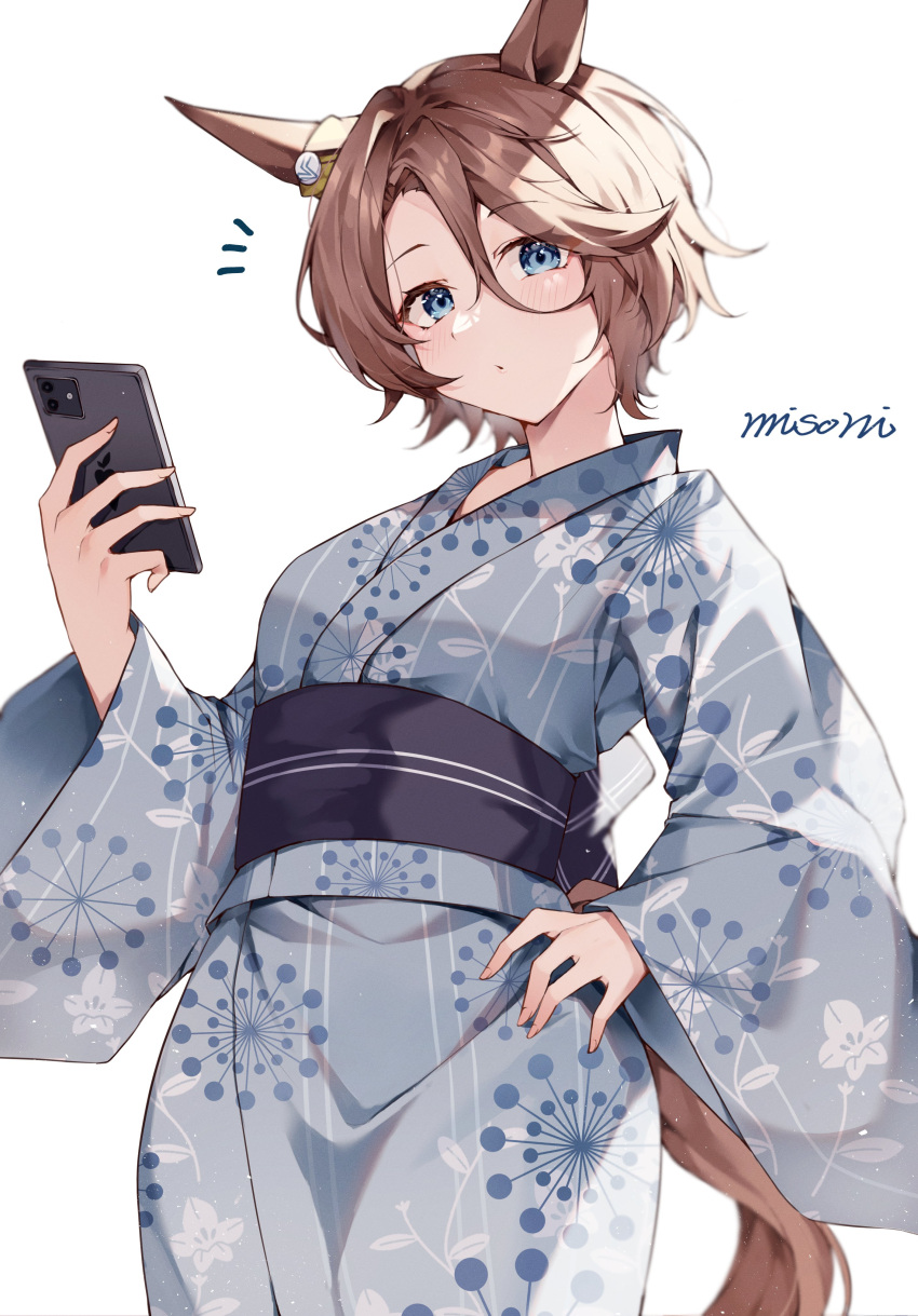 1girl absurdres alternate_costume animal_ears artist_name back_bow blue_eyes blue_kimono blush bow cellphone contrapposto cowboy_shot ear_ornament hair_between_eyes hand_on_own_hip highres holding holding_phone horse_ears horse_girl horse_tail iphone japanese_clothes kimono misoni_(mi_so_ni_t) narita_taishin_(umamusume) notice_lines obi parted_lips phone print_kimono sash short_hair signature simple_background smartphone solo surprised tail umamusume white_background wide_sleeves yukata