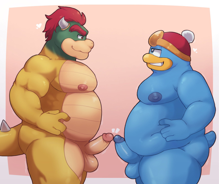 anthro balls belly bowser crown duo erection genitals grin headgear hi_res king king_dedede kirby_(series) male male/male mario_bros nintendo nipples nude overweight penises_touching royalty smile st637