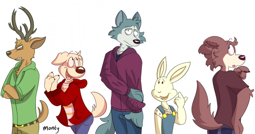 anthro antlers beastars belt bird_dog black_nose blue_bottomwear blue_clothing blue_jeans blue_overalls blue_pants blue_shirt blue_topwear bottomwear brown_belt brown_body brown_fur brown_nose buckteeth button-down_shirt canid canine canis claws clothing crossed_arms deer denim denim_clothing domestic_dog female fur golden_retriever green_button-down_shirt green_clothing green_shirt green_topwear grey_body grey_fur group half-closed_eyes haru_(beastars) hoodie horn hunting_dog jack_(beastars) jeans juno_(beastars) khaki_pants lagomorph legoshi_(beastars) leporid louis_(beastars) male mammal montypup narrowed_eyes open_mouth orange_clothing orange_shirt orange_topwear overalls pants pattern_clothing pattern_shirt pattern_topwear purple_sweatshirt rabbit red_clothing red_hoodie red_topwear retriever shirt signature simple_background smile spots spotted_clothing spotted_topwear tan_body tan_fur teeth teeth_showing tongue_showing topwear white_background wolf