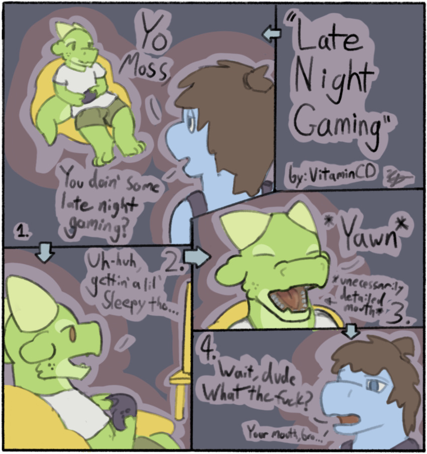 ambiguous_gender amphibian anthro bottomwear clothed clothing comic controller cyan_melody directional_arrow duo freckles furniture game_controller hair hi_res horn kobold male moss_(cyan_melody) mouth_shot open_mouth salamander scalie shirt shorts table tank_top teeth text tired tongue topwear tray_(cyan_melody) yawn