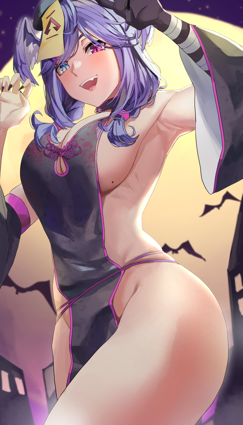 1girl absurdres armpits black_nails blue_eyes breasts detached_sleeves dobure18 head_wings heterochromia highres jiangshi jiangshi_costume large_breasts mole mole_on_breast nail_polish nijisanji nijisanji_en ofuda_on_head pink_eyes purple_hair revealing_clothes selen_tatsuki sideboob solo thighhighs virtual_youtuber wings