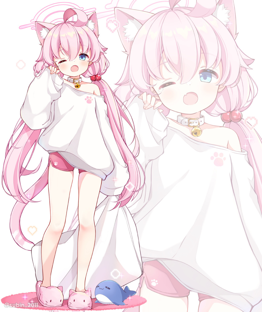 1girl animal_ear_fluff animal_ears animal_slippers artist_name bell blue_archive blue_eyes blush cat_ears cat_girl cat_tail collar extra_ears fang full_body hair_between_eyes halo hand_up highres holding holding_pillow hoshino_(blue_archive) kemonomimi_mode long_hair long_sleeves looking_to_the_side low_twintails neck_bell one_eye_closed open_mouth paw_print pillow pink_hair pink_halo puffy_long_sleeves puffy_sleeves red_shorts shirt shorts simple_background skin_fang sleeves_past_fingers sleeves_past_wrists slippers solo sparkling_aura standing stuffed_animal stuffed_toy stuffed_whale subin_(subin_2011) tail twintails twitter_username very_long_hair white_background white_collar white_shirt yawning zoom_layer