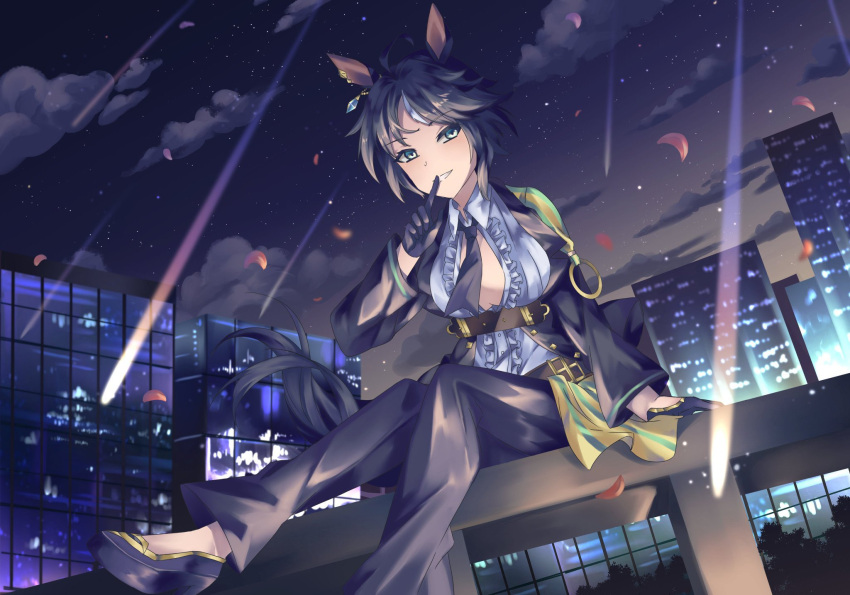 1girl ahoge animal_ears aozumi_suzuri black_footwear black_gloves black_hair black_jacket black_necktie black_pants blue_eyes breasts building center_frills cityscape cleavage cloud cloudy_sky collared_shirt commentary_request ear_ornament ear_piercing falling_petals finger_to_mouth frilled_shirt frills fuji_kiseki_(umamusume) gloves gold_trim grin hair_between_eyes high_heels highres horse_ears horse_girl horse_tail index_finger_raised jacket long_sleeves looking_at_viewer medium_breasts multicolored_hair necktie night on_railing open_clothes open_jacket outdoors pants petals piercing railing shadow shirt shooting_star short_hair sidelocks sitting sky skyscraper smile solo star_(sky) starry_sky tail teeth umamusume underbust white_hair white_shirt