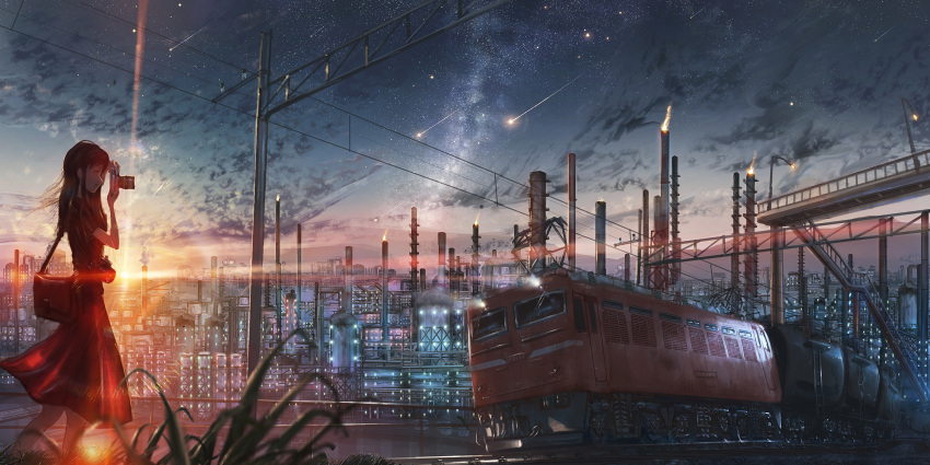 1girl blue_dress bridge camera cloud commentary_request dress dusk factory flare_stack floating_hair highres holding holding_camera industrial kenzo_093 light long_hair original outdoors power_lines railroad_tracks scenery shooting_star sky solo star_(sky) starry_sky sunset taking_picture train wide_shot