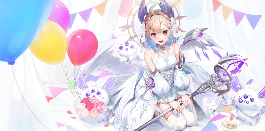 1girl 3others absurdres ahoge aloupeep_(enna_alouette) arahenas bird_girl blonde_hair blue_bow blue_hair bob_cut boots bouquet bow breasts crystal_wings detached_sleeves dress enna_alouette flower frilled_dress frills garter_straps gradient_hair hair_flower hair_ornament halo happy_birthday head_wings highres jewelry knee_boots looking_at_viewer multicolored_eyes multicolored_hair multiple_others nijisanji nijisanji_en official_alternate_costume official_alternate_hairstyle pleated_dress puffy_sleeves purple_eyes purple_wings rose seiza short_hair sitting sleeveless small_breasts smile staff thighhighs veil virtual_youtuber waist_cape white_flower white_footwear white_thighhighs white_wings wings yellow_eyes