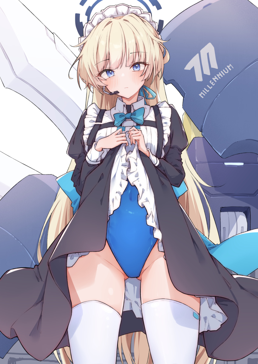 1girl absurdres airenif apron ass_visible_through_thighs blonde_hair blue_archive blue_bow blue_bowtie blue_eyes blue_leotard blush bow bowtie closed_mouth frilled_apron frills groin halo highres juliet_sleeves leotard leotard_under_clothes long_hair long_sleeves looking_at_viewer maid maid_apron maid_headdress petticoat playboy_bunny puffy_sleeves solo strapless strapless_leotard thighhighs toki_(blue_archive) toki_(bunny)_(blue_archive) white_apron white_thighhighs