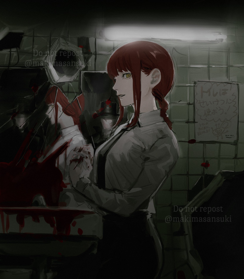 1girl 2others bangs black_necktie black_pants blood blood_on_mirror braid braided_ponytail chainsaw_man collared_shirt cracked_glass hat highres kamo_(kamonegioisi) looking_at_viewer makima_(chainsaw_man) medium_hair multiple_others necktie pants red_hair reflection ringed_eyes shirt shirt_tucked_in sidelocks sideways_glance tile_wall tiles top_hat twitter_username watermark white_shirt yellow_eyes