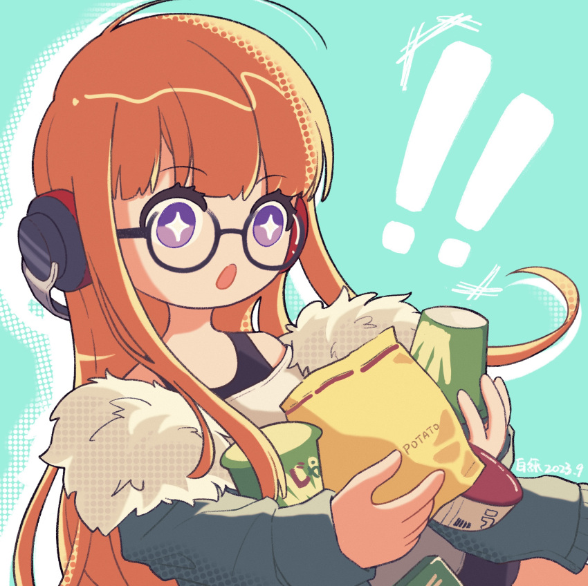 ! !! 1girl :o ahoge aqua_background behind-the-head_headphones chips_(food) cup_ramen dated food frost_x_(46282847) fur-trimmed_jacket fur_trim glasses green_jacket headphones highres holding holding_food holding_snack jacket long_hair looking_at_food no_nose open_mouth orange_hair persona persona_5 potato_chips purple_eyes sakura_futaba snack solo sparkling_eyes very_long_hair