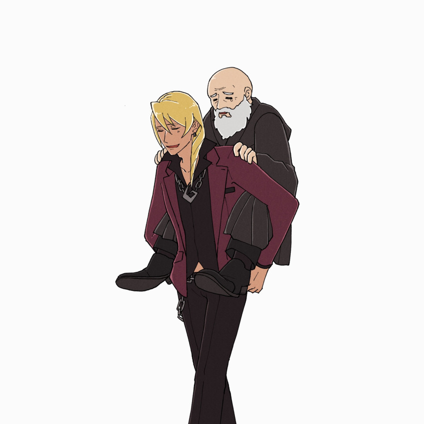 2boys ace_attorney bald beard black_footwear black_pants black_shirt blonde_hair breast_pocket caramelrag carrying chain_necklace closed_eyes collared_shirt dark-skinned_male dark_skin earrings facial_hair feet_out_of_frame hands_on_another's_shoulders highres jacket jewelry judge klavier_gavin lapels layered_sleeves long_sleeves male_focus medium_hair midriff_peek multiple_boys necklace old old_man open_collar pants piggyback pocket purple_jacket sad shirt simple_background smile suit_jacket tears the_judge_(ace_attorney) wallet_chain white_background white_facial_hair