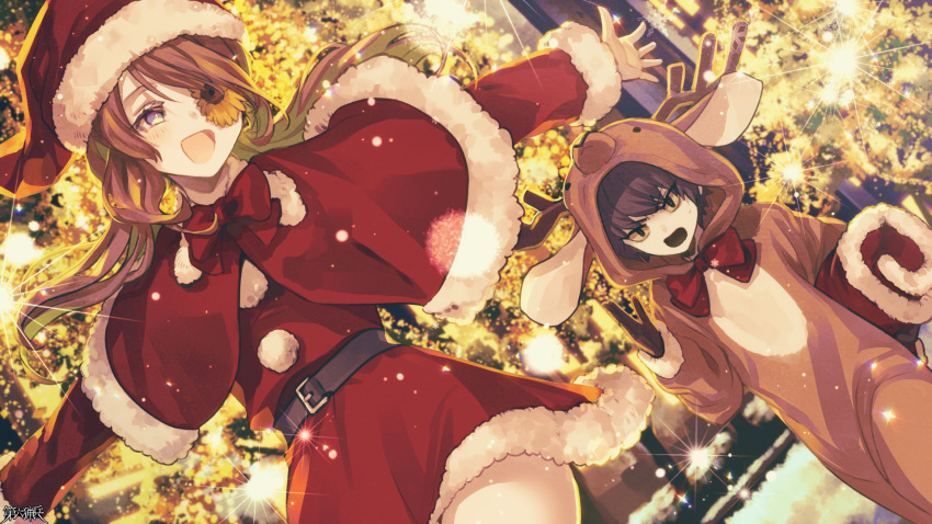 1boy 1girl :d animal_costume belt black_gloves bow brown_hair dairoku_ryouhei dutch_angle flower flower_over_eye gloves hat highres himawari_asanuma joe_deadman kokuzu lights long_hair night outdoors outstretched_arms red_bow red_headwear reindeer_costume running santa_costume santa_hat smile snowflakes snowing yellow_eyes