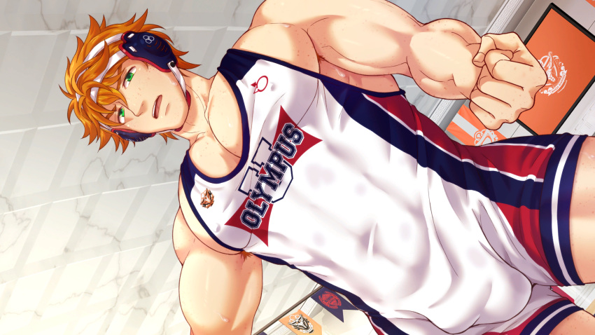 1boy bryce_callahan bulge ceiling collaboration cowboy_shot dutch_angle freckles green_eyes highres indoors jock_studio_(blits_games) male_focus mikkoukun muscular muscular_male non-web_source open_mouth orange_hair pectorals short_hair solo teeth upper_teeth_only wrestling_outfit zamius