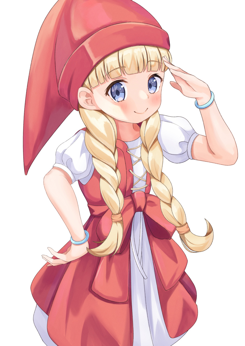 1girl absurdres blonde_hair blue_eyes blunt_bangs bracelet braid dragon_quest dragon_quest_xi dress hat highres jewelry kaede_(maple4rt) layered_dress long_hair looking_at_viewer puffy_short_sleeves puffy_sleeves red_dress red_headwear short_sleeves smile solo twin_braids veronica_(dq11) white_background white_dress