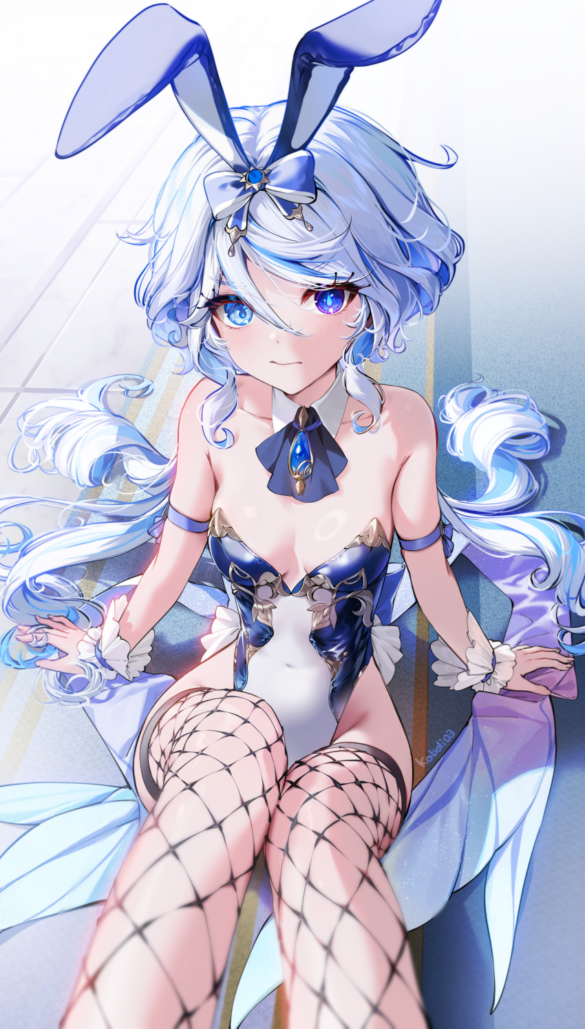 1girl absurdres ahoge alternate_costume animal_ears aqua_hair arm_strap arm_support artist_name ascot bare_shoulders blue_ascot blue_bow blue_brooch blue_eyes blue_gemstone blue_hair blue_leotard blush bow breasts closed_mouth collarbone colored_inner_hair commentary_request covered_navel cowboy_shot detached_collar detached_sleeves drop-shaped_pupils fishnet_thighhighs fishnets furina_(genshin_impact) gem genshin_impact groin hair_between_eyes hair_bow heterochromia highleg highleg_leotard highres kkopoli knee_up leotard long_hair looking_at_viewer medium_breasts mismatched_pupils multicolored_hair outdoors playboy_bunny rabbit_ears reclining road scrunchie sidelocks simple_background sitting sleeveless solo strapless strapless_leotard street thighhighs two-tone_leotard wavy_hair white_hair white_leotard wrist_scrunchie