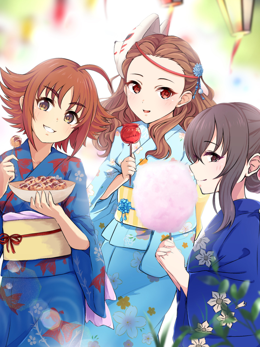 3girls ahoge artist_name bowl brown_eyes brown_hair candy_apple cotton_candy flipped_hair floral_print food fujiwara_hajime highres holding holding_food idolmaster idolmaster_cinderella_girls japanese_clothes kimono lens_flare long_hair looking_at_viewer mask mask_on_head medium_hair multiple_girls nishijima_kai obi profile red_eyes sash seki_hiromi smile sonakao standing takoyaki wide_sleeves