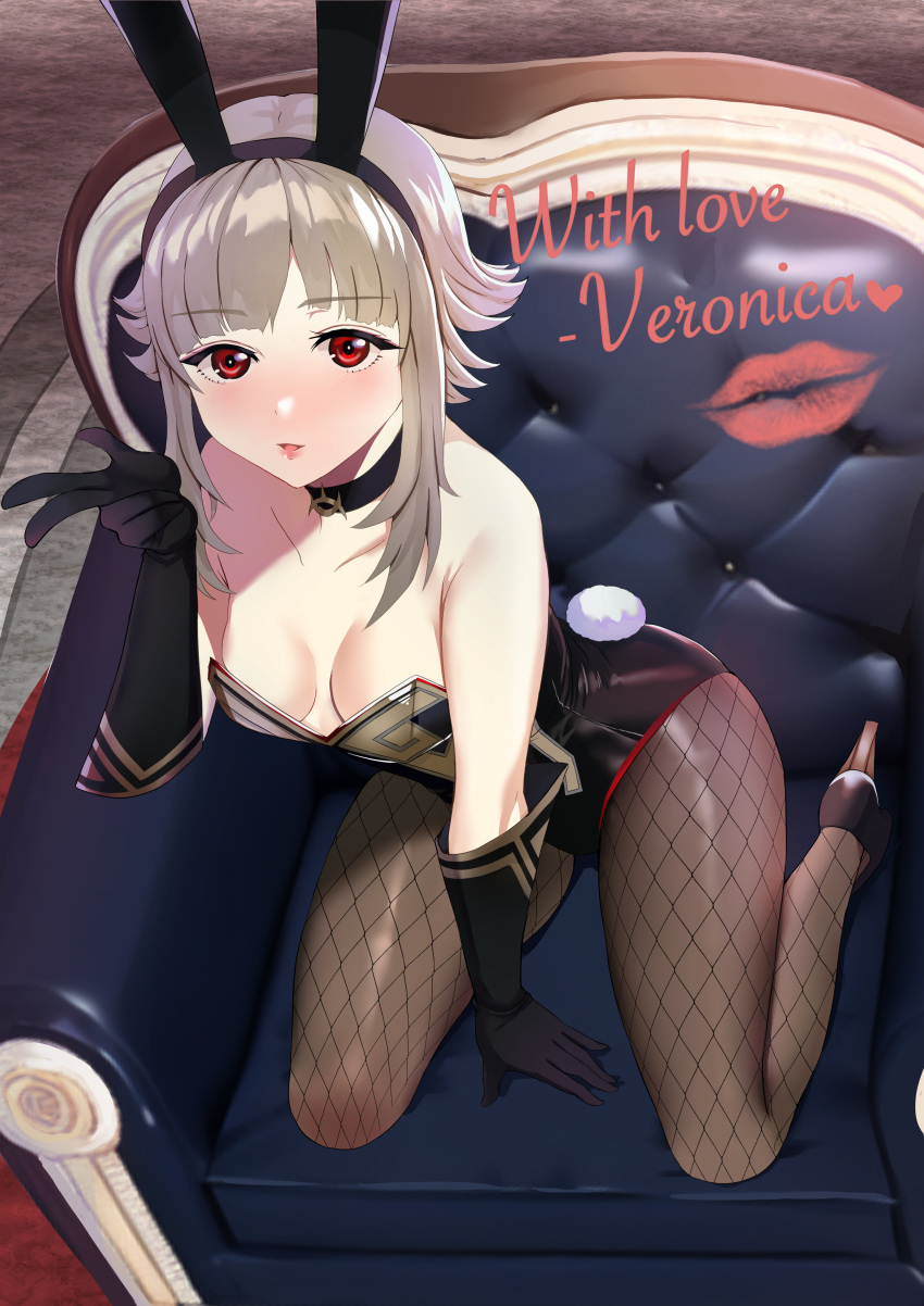 1girl absurdres alternate_costume animal_ears blowing_kiss blush breasts cleavage commission detached_collar fake_animal_ears fire_emblem fire_emblem_heroes grey_hair hair_ornament highres leotard looking_at_viewer official_alternate_hair_length official_alternate_hairstyle open_mouth pantyhose playboy_bunny rabbit_ears red_eyes short_hair skeb_commission solo tara_(szzj7733) veronica_(fire_emblem) wrist_cuffs
