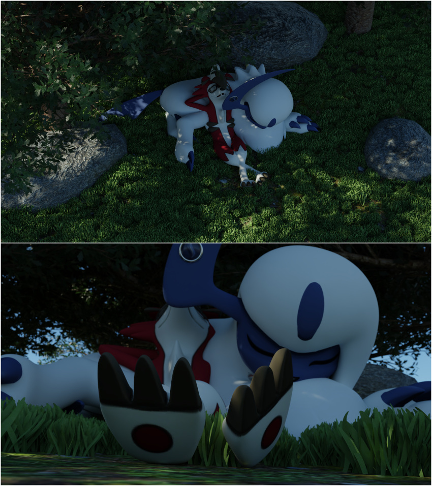 absol alpha_channel border boulder duo eyewear female feral forest generation_3_pokemon generation_7_pokemon glasses grass hi_res jewelry low-angle_view lycanroc male nintendo plant pokemon pokemon_(species) resting resting_on_belly rock sleeping the_tao_swordsman transparent_border tree